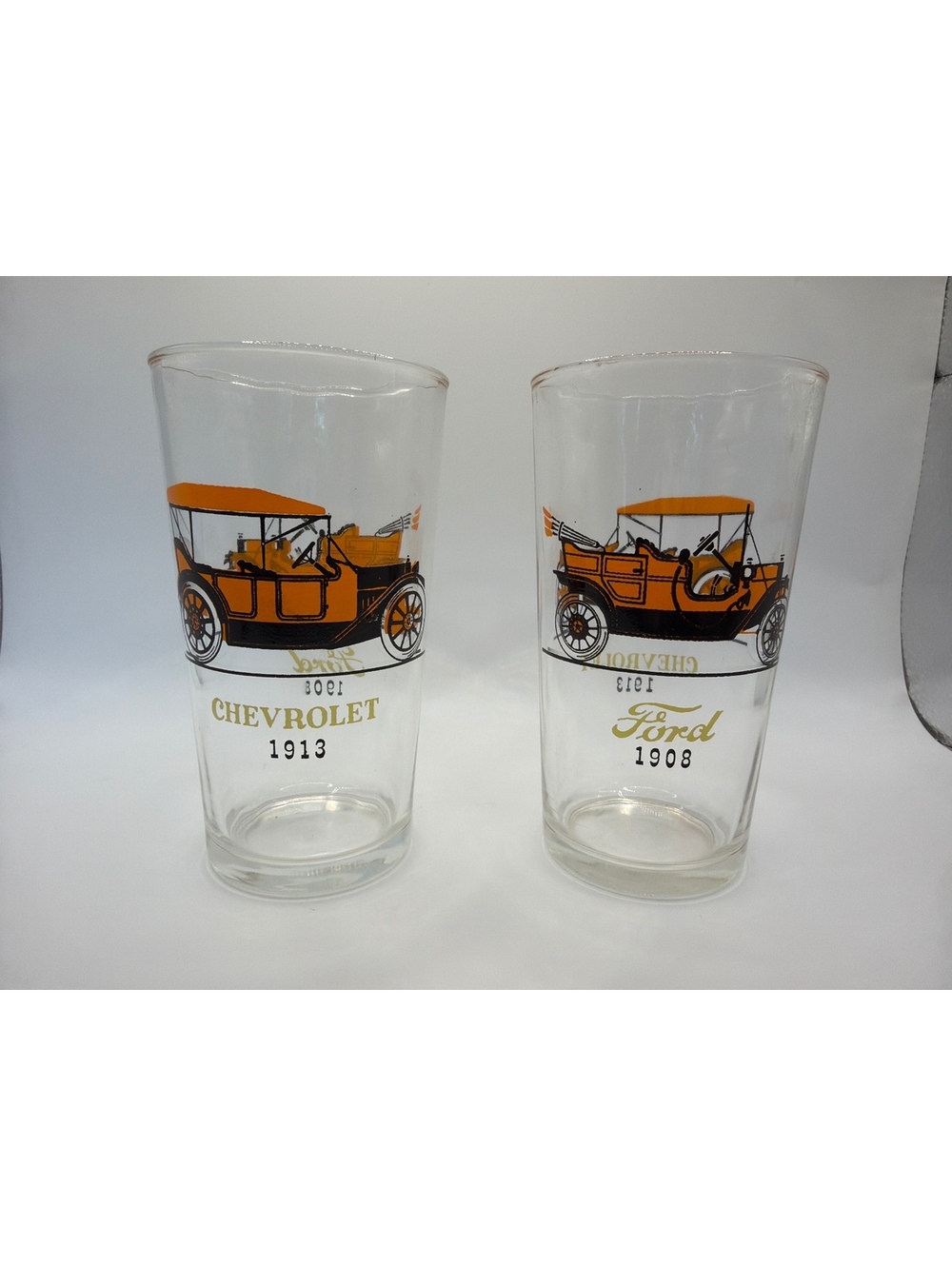 Vintage Set of 2 Classic Car Glasses - Chevrolet 1913 & Ford 1908